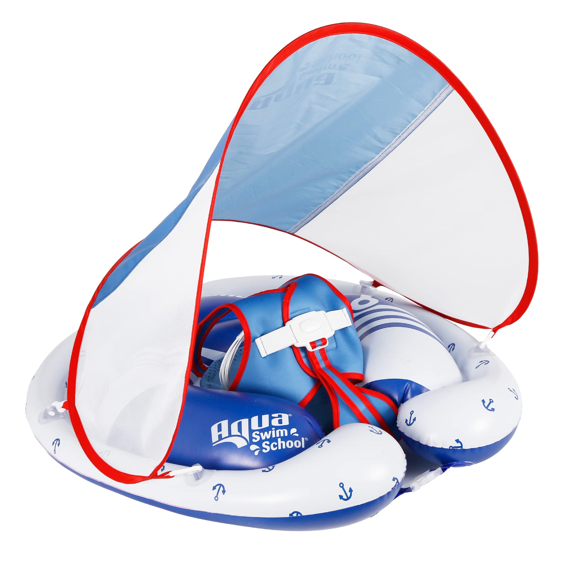 Swimschool Freestyle Swimmer Baby Pool Float With Sunshade Canopy And Multi-Position, Adjustable Safety Seat, Dual Air Chambers Safe, Red-White-Blue Nautical