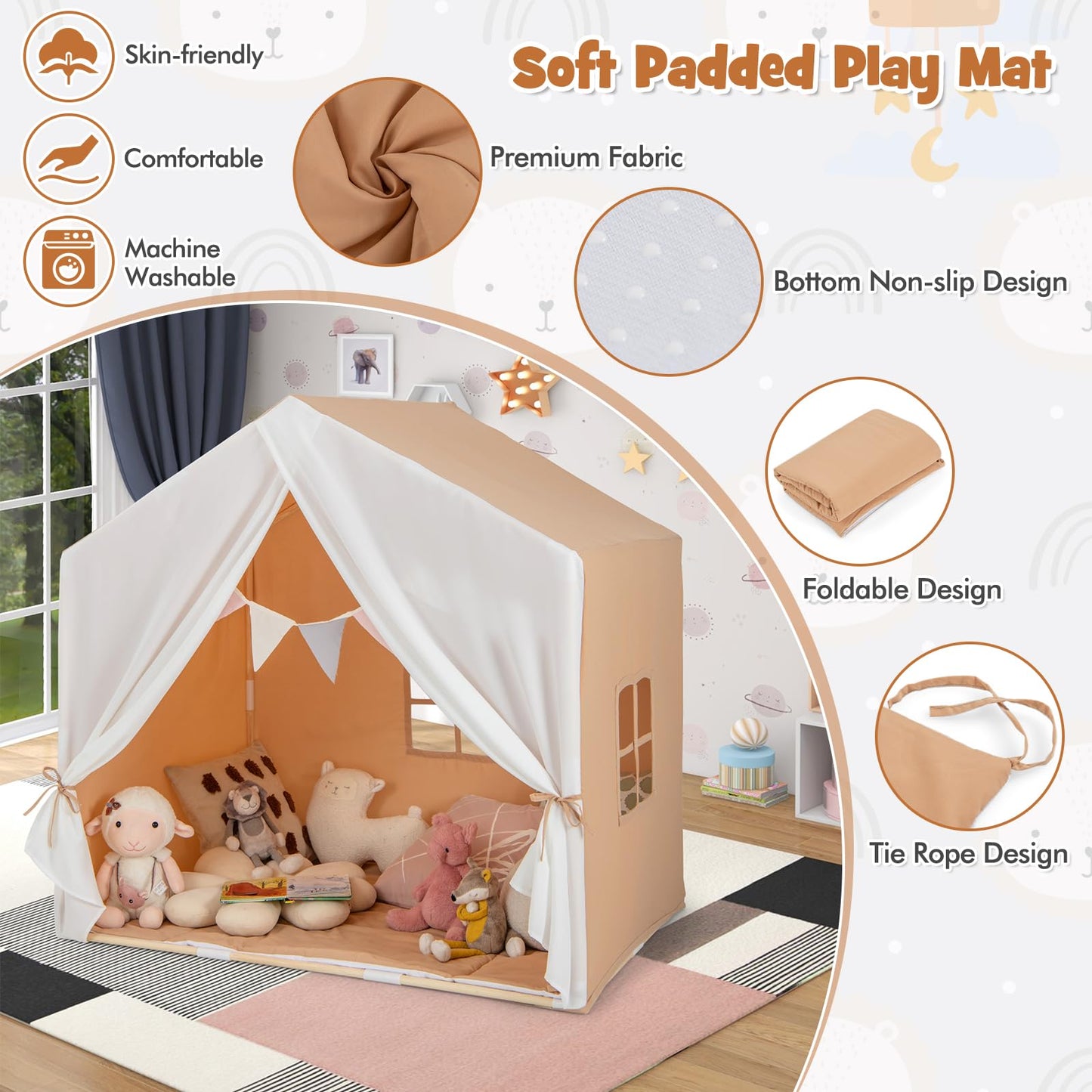 Costzon Large Kids Tent With Mat, Children'S Play Tent W/Flag Banner, Windows, Gauze Curtain, Solid Wood Frame, Indoor Outdoor Kids Playhouse For Boys & Girls Age 3 + (Orange)