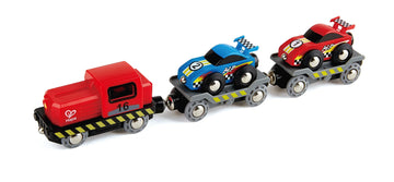 Hape Race Car Transporter | Six-Piece Wooden Toy Train Car Transport Set For Kids