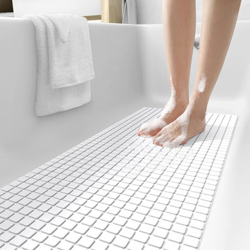 Dexi Bath Tub Shower Mat Non-Slip 16 X 39 Extra Long Bathtub Mats, Suction Cups, Drain Holes, Machine Washable Bathroom Mat, Whi