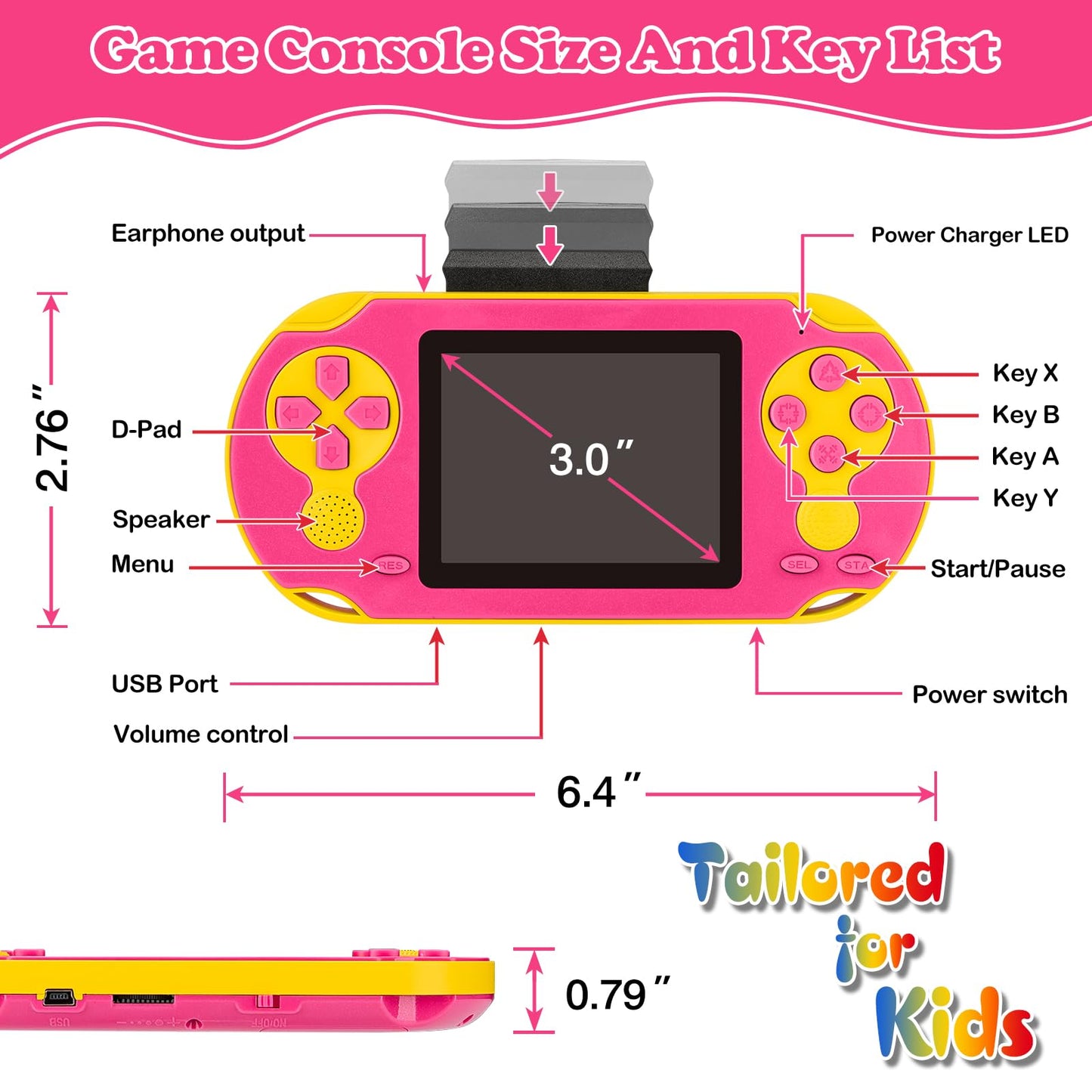16 Bit Handheld Game for Kids, Video Game Player with Built in 230 HD Games, 3.0 Screen Retro Electronic Game Machine with 3 G