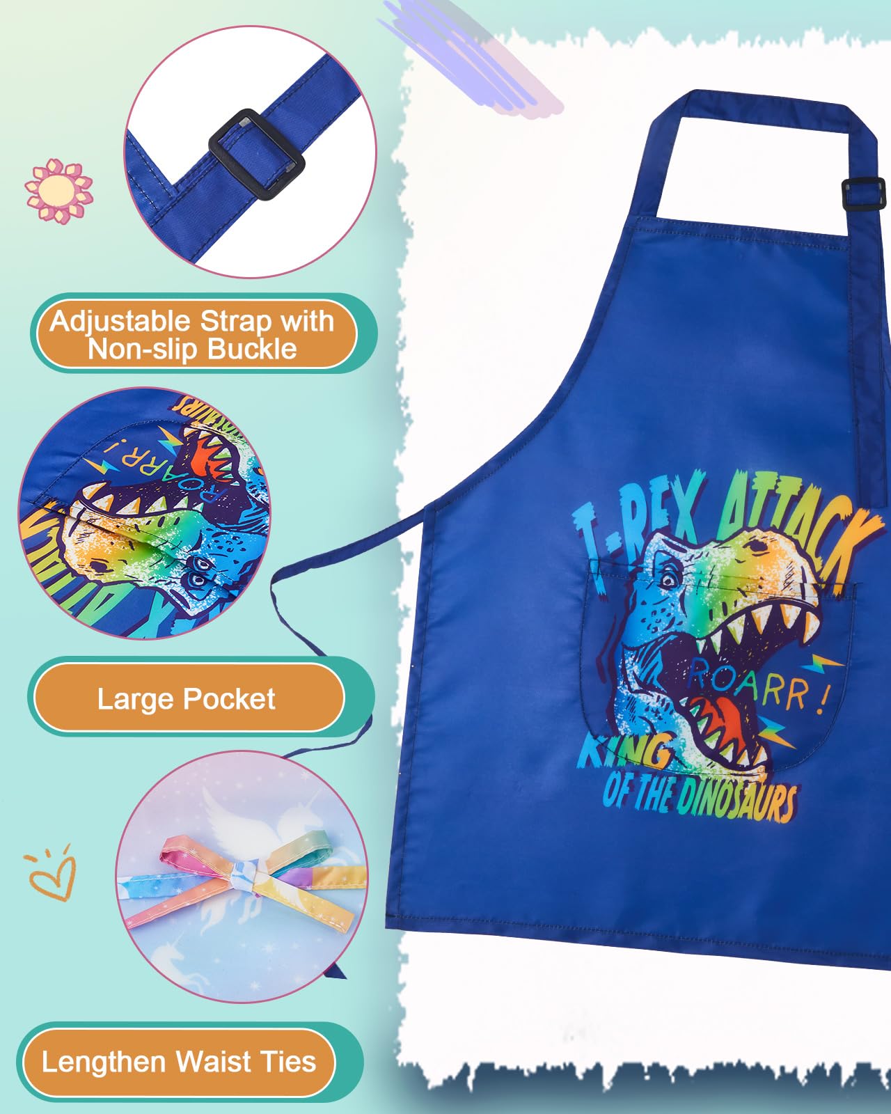 Lictin 2 Pack Kids Apron For Boys T-Rax Car Aprons For Cooking, Waterproof Art Apron With Pockets For Kids Painting Cooking Baking (4-12 Years), Dinosaur+Car