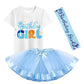 Yodison Girls Birthday Costume,T-Shirt And Tutu Dress,Headband Satin Sash Birthday Party For Kids(120Cm/5-6T) Blue