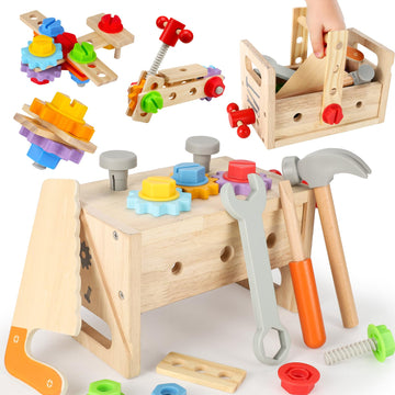 Vextronic Kids Tool Set, Wooden Toddler Tool Set with Tool Box/Bench, Montessori Toys for 1 2 3 4 5 6 Year Old, Play Toy Tools K