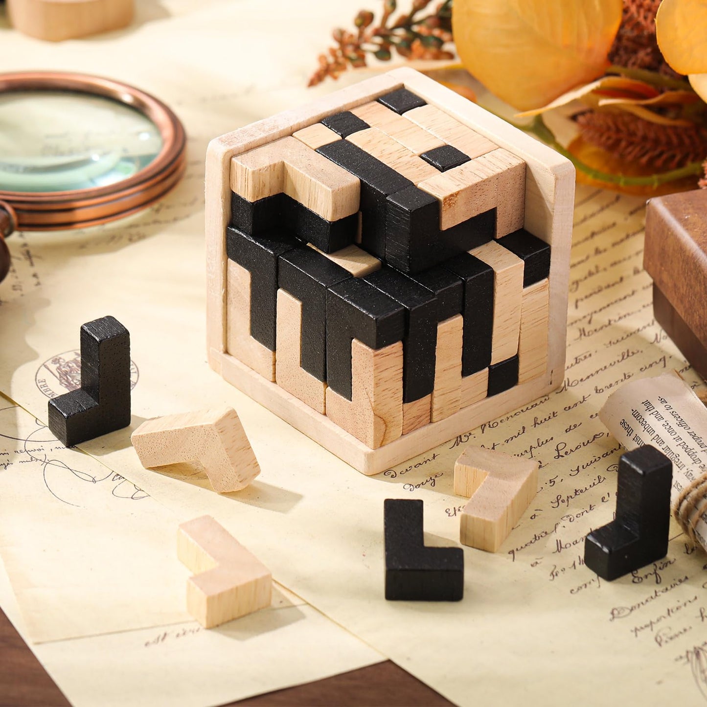 Yilloog Wooden Puzzle Games Brain Teasers Toy Educational 3D Logic Puzzles  Brain Teaser Intellectual Removing Assembling Puzzle Gift for Party mature-themeds(Cube)