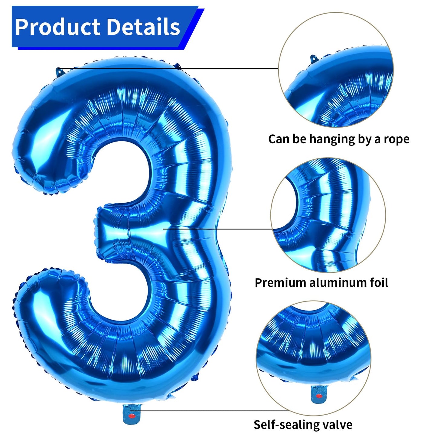 Biapian 40 Inch Blue Number 3 Balloons, Large Number 3 Balloon With 18'' Dark Blue And Silver Foil Heart Shape Balloons Helium F