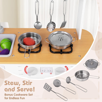 Costzon Play Kitchen for Kids, Wooden Toy Kitchen Set with Blackboard, Faucet, Sink, Oven, Microwave, Dishwasher, Accessories, P