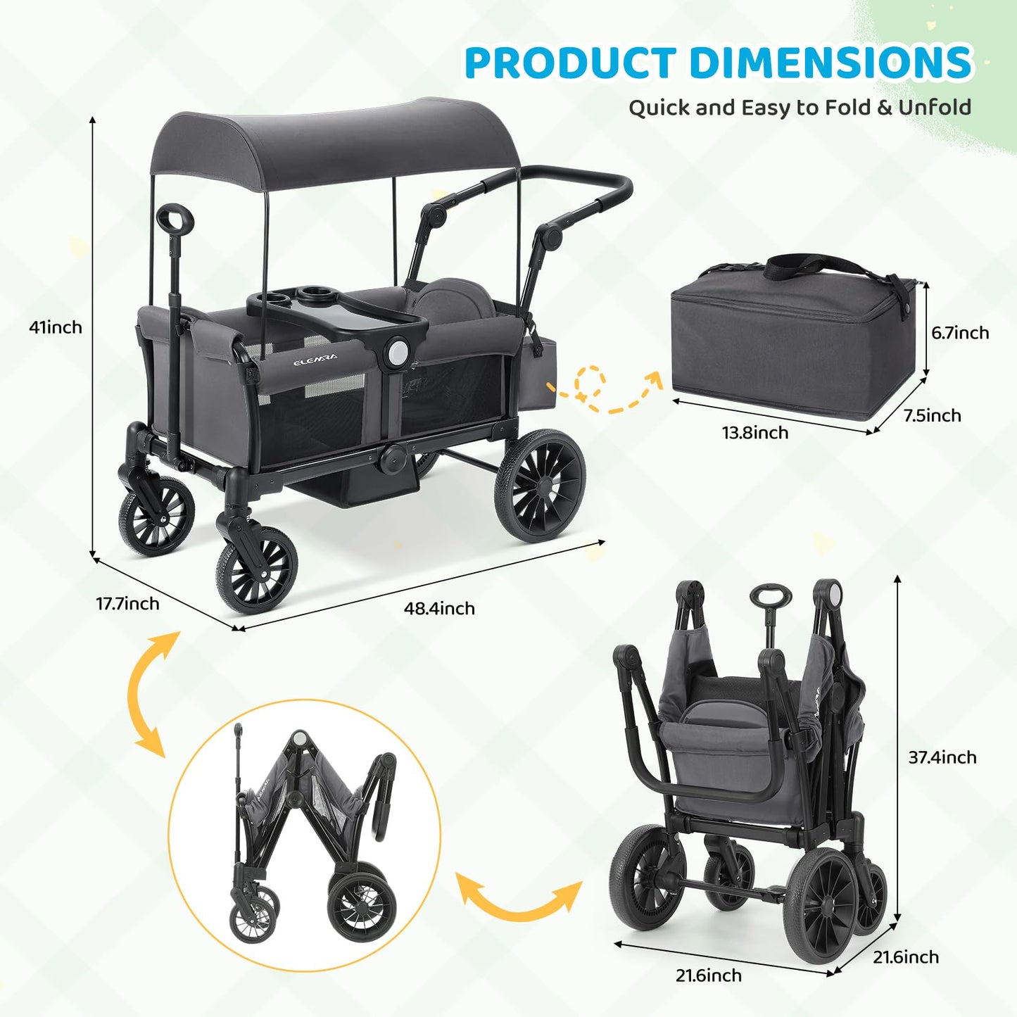 ELEMARA Stroller Wagon, 2 Seat Stroller for 2 Kids, Premium All Terrain Stroller for Kids w/Removable Canopy, Adjustable Push/Pu