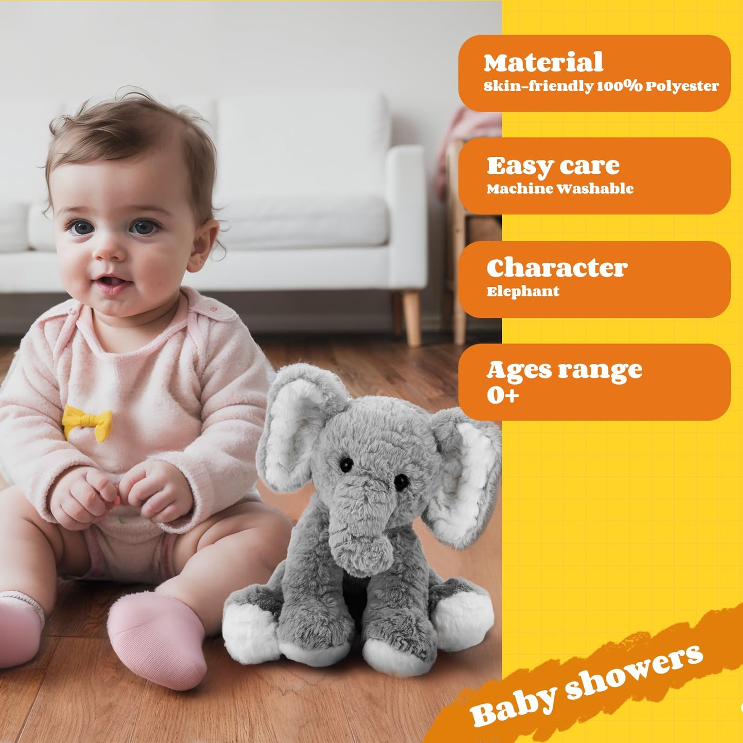 Mikee Fluffie Elephant Stuffed Animal - 12" Soft Plush Toy, Grey, Perfect Huggable Gift for Boys and Girls