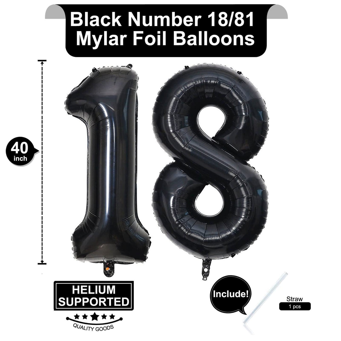 40 Inch Black 18 Number Balloons Giant 18 Balloons Black Birthday Balloons 18Th Birthday Anniversary Events Party Decorations Su