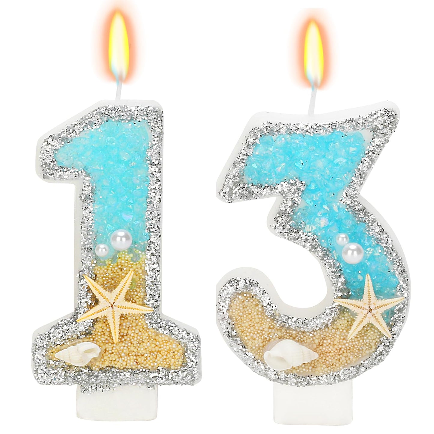 ElekFX 13th Birthday Candle for Cake, Beach Starfish Sequins Number Cake Candles, 2.76 inch Number 13 Happy Birthday Candle, Cak