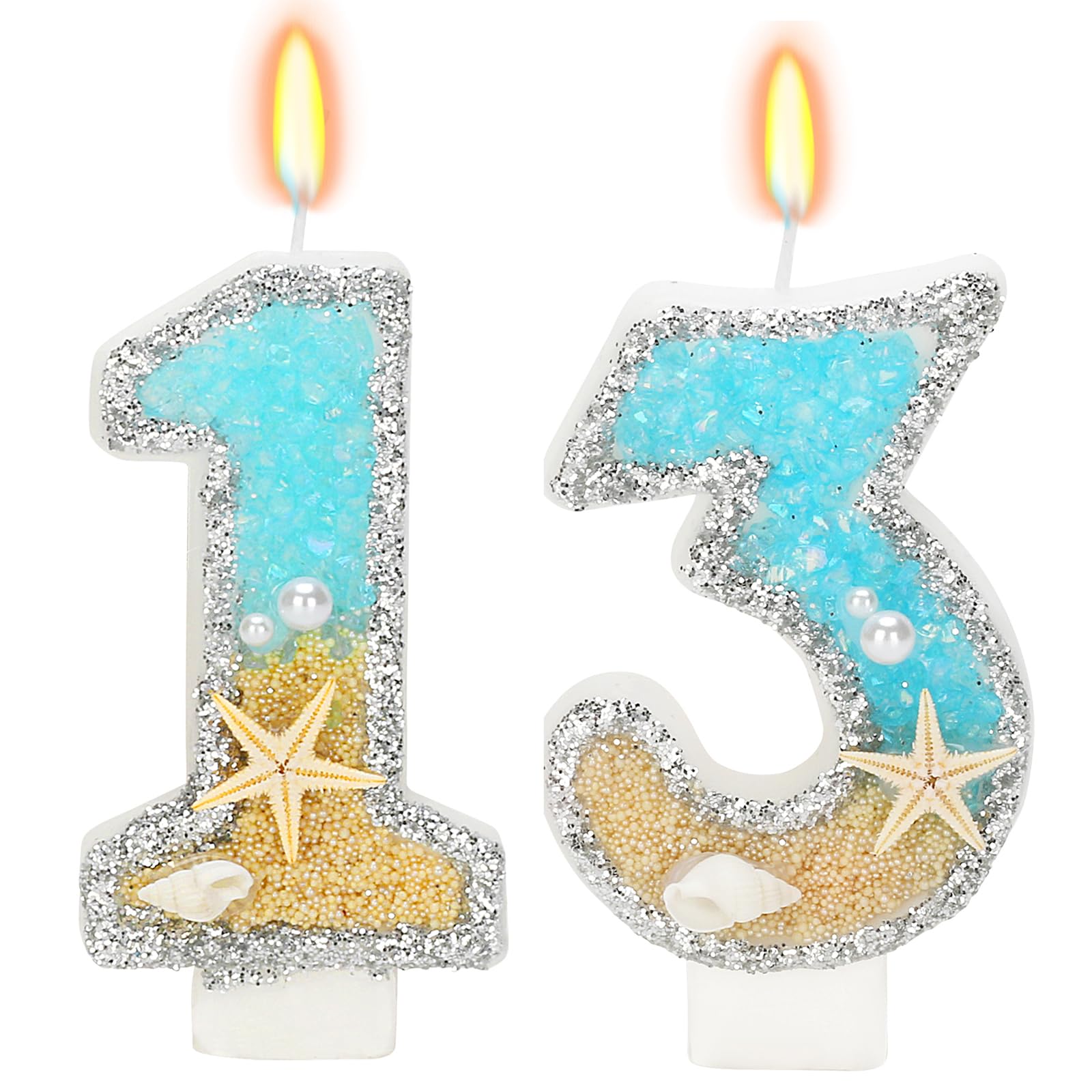 ElekFX 13th Birthday Candle for Cake, Beach Starfish Sequins Number Cake Candles, 2.76 inch Number 13 Happy Birthday Candle, Cak