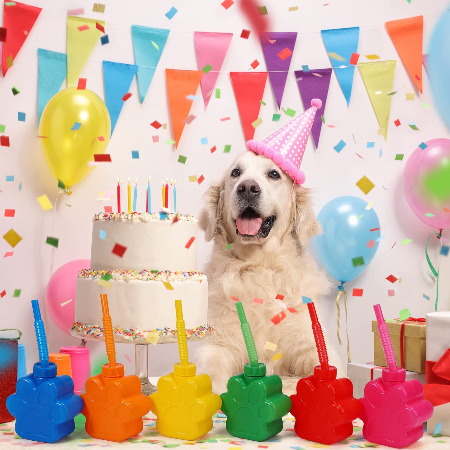Dog Paw Cups 10 Oz Paw Dog Party Favors, Cute Print Plastic Puppy Straw Cup Bulk With Lids For Kids Pet Dog Birthday Party Supplies Decorations (24 Pieces)