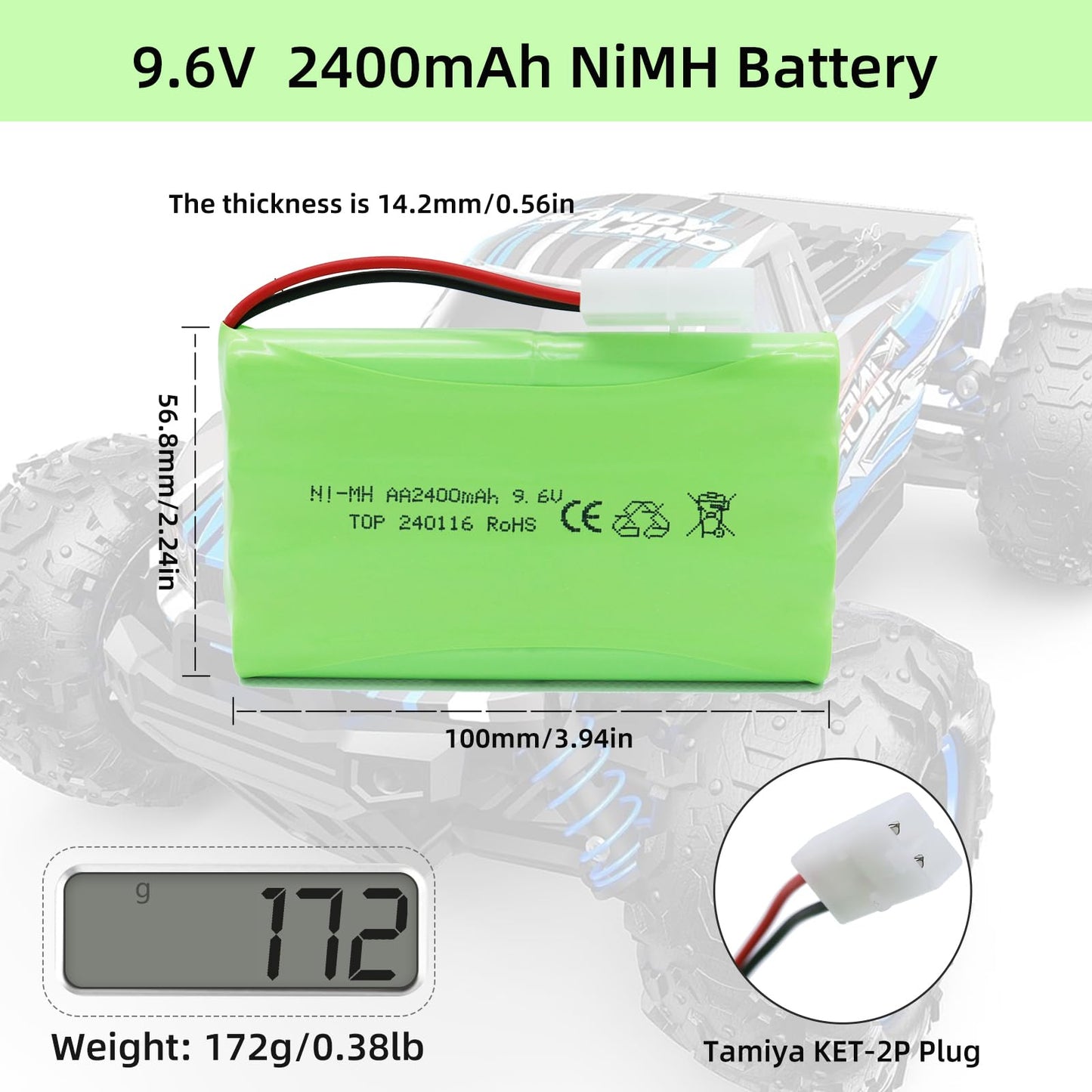 Tosiicop 9.6V 2400mAh NiMH Battery - RC Car Rechargeable Battery AA with Tamiya KET-2P Plug and USB Charge Cable for RC Car Spar