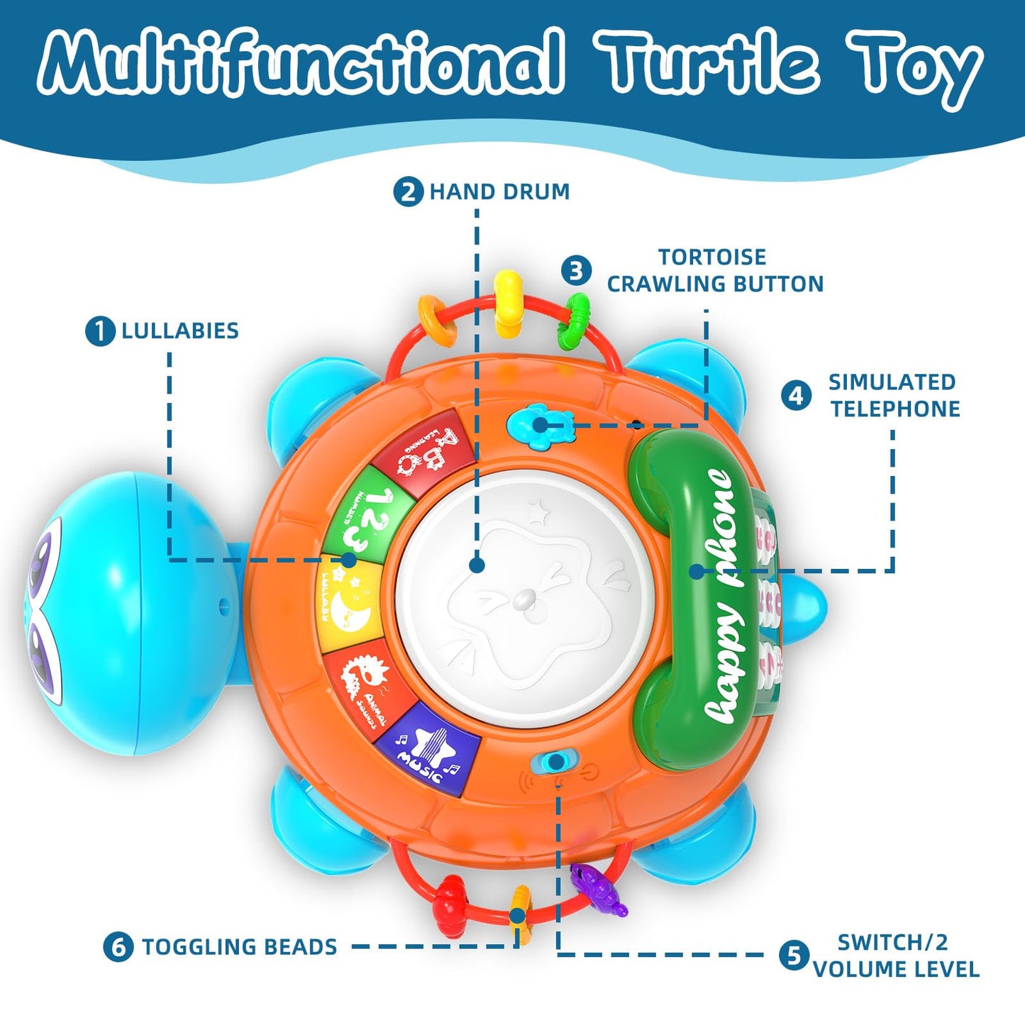 Ussybaby Infant Baby Toys 6 To 12 Months, Musical Turtle Crawling Baby Toys For 12-18 Months, Phone Hand Drum Toy, Baby Toys 7 8