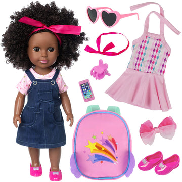 Ecore Fun Black Doll 14.5 Inch Baby Girl Doll And Clothes Set African Washable Realistic Silicone Girl Dolls -Best Gift For Girl