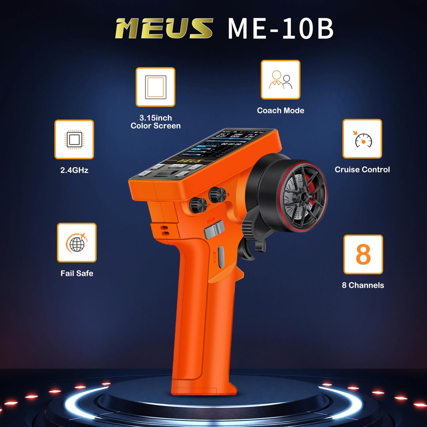 MEUS RACING ME-10B 10-Channel RC Transmitter & Receiver, 2.4GHz, Coach Mode, Orange, for 1/8 1/10 1/