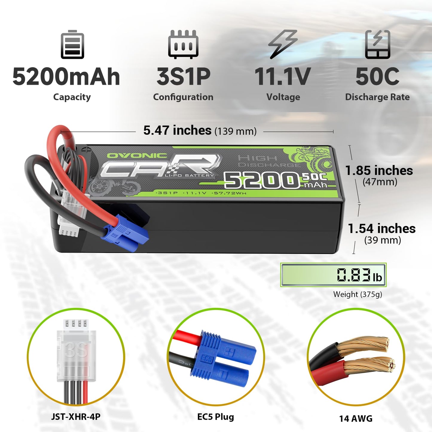 OVONIC 3S 5200mAh Lipo Battery 50C 11.1V EC5 Connector for RC Cars and Trucks