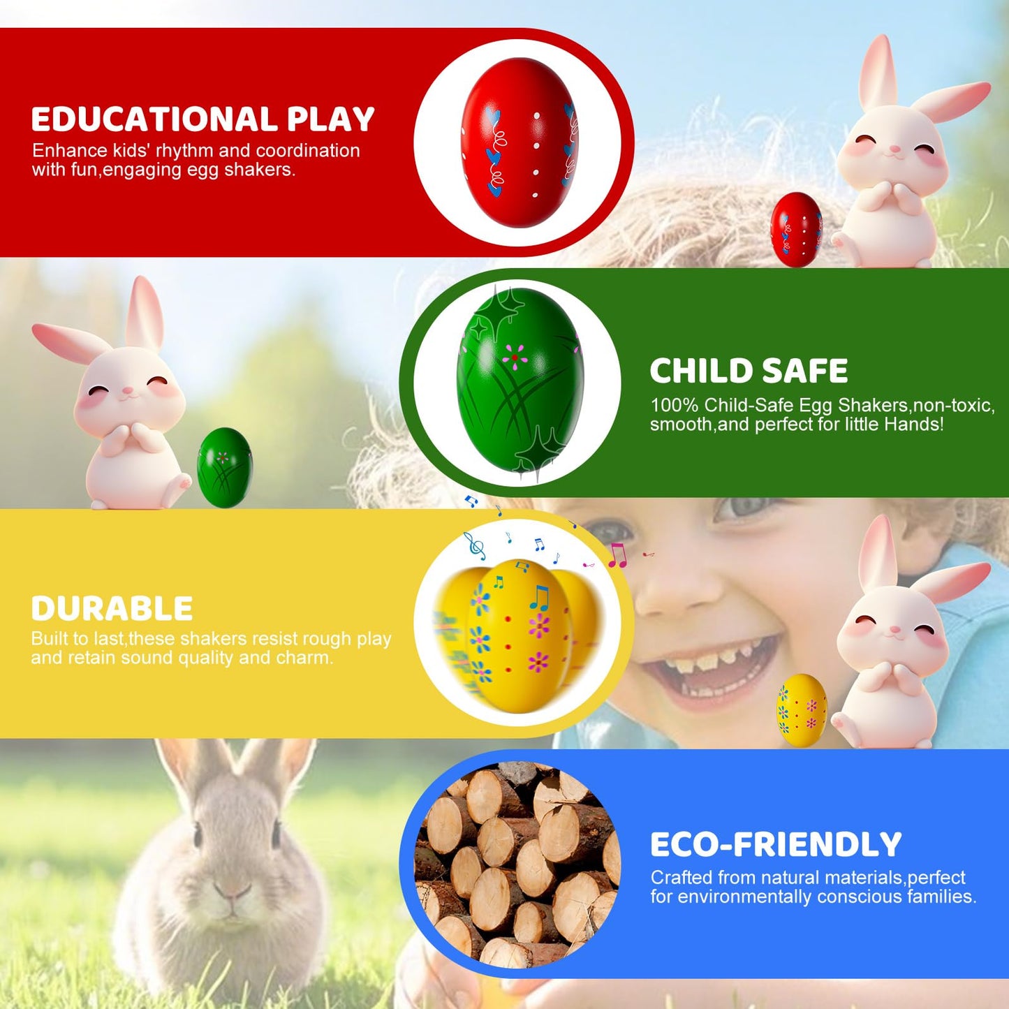 sucenance Easter Basket Stuffers, Set of 6 Prefilled Easter Eggs, Wooden Percussion Musical Shaker Egg Fillers Montessori Toy Es