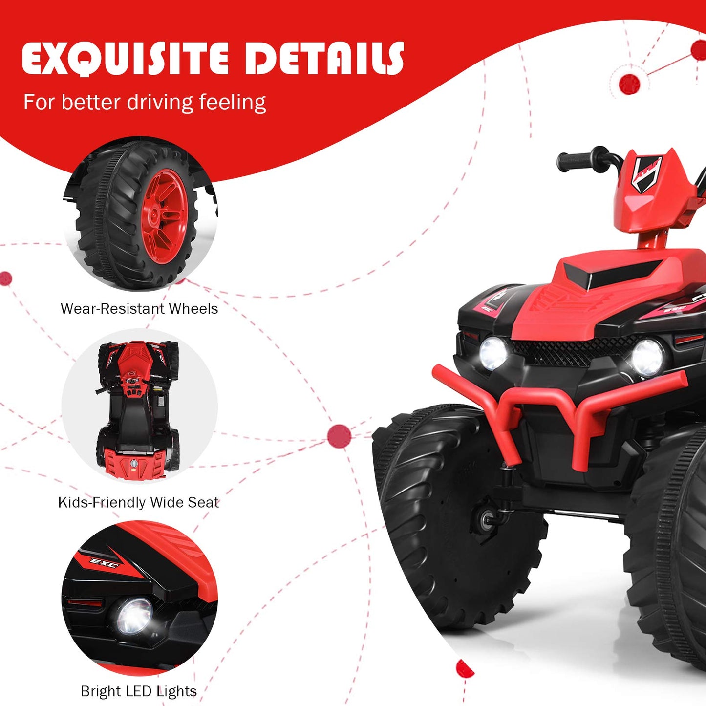 Honey Joy 12V Ride On Atv, 4-Wheeler Battery Powered Toddler Quad, 2 Speeds, Led Headlights, Slow Start, Horn, Music, Treaded Tires, Electric Ride On Toy For Kid(Red)
