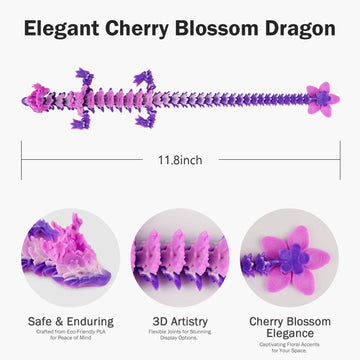 3D Printed Cherry Blossom Crystal Dragon - 12 Inch Articulated Movable Model For Display, Collection, And Unique Gift (Mystic Pe