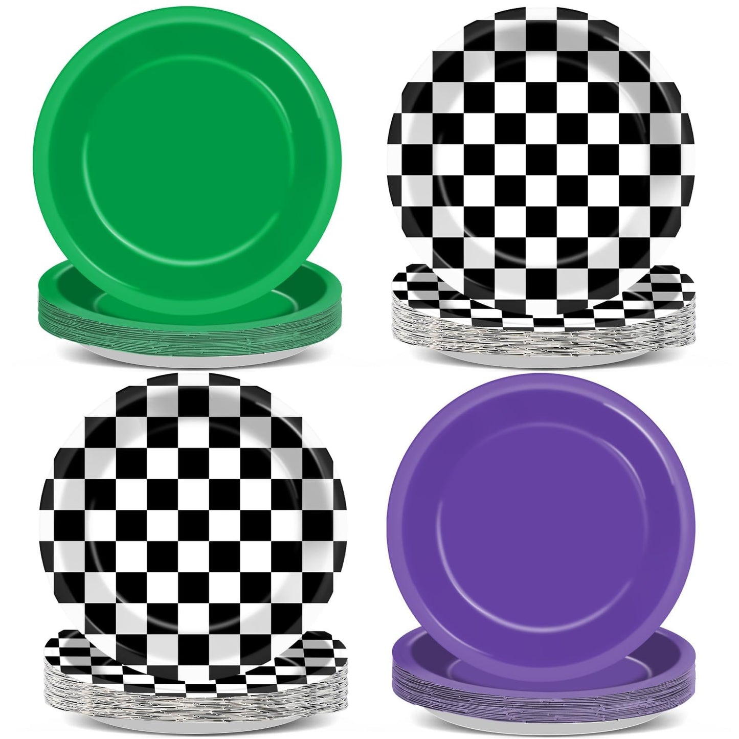 CHUNNIN 48PCS Green Purple Monster Truck Party Paper Plates for Monster Truck Themed Party Supplies 7  Checkered Racing Car Birt