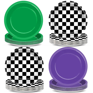CHUNNIN 48PCS Green Purple Monster Truck Party Paper Plates for Monster Truck Themed Party Supplies 7  Checkered Racing Car Birt