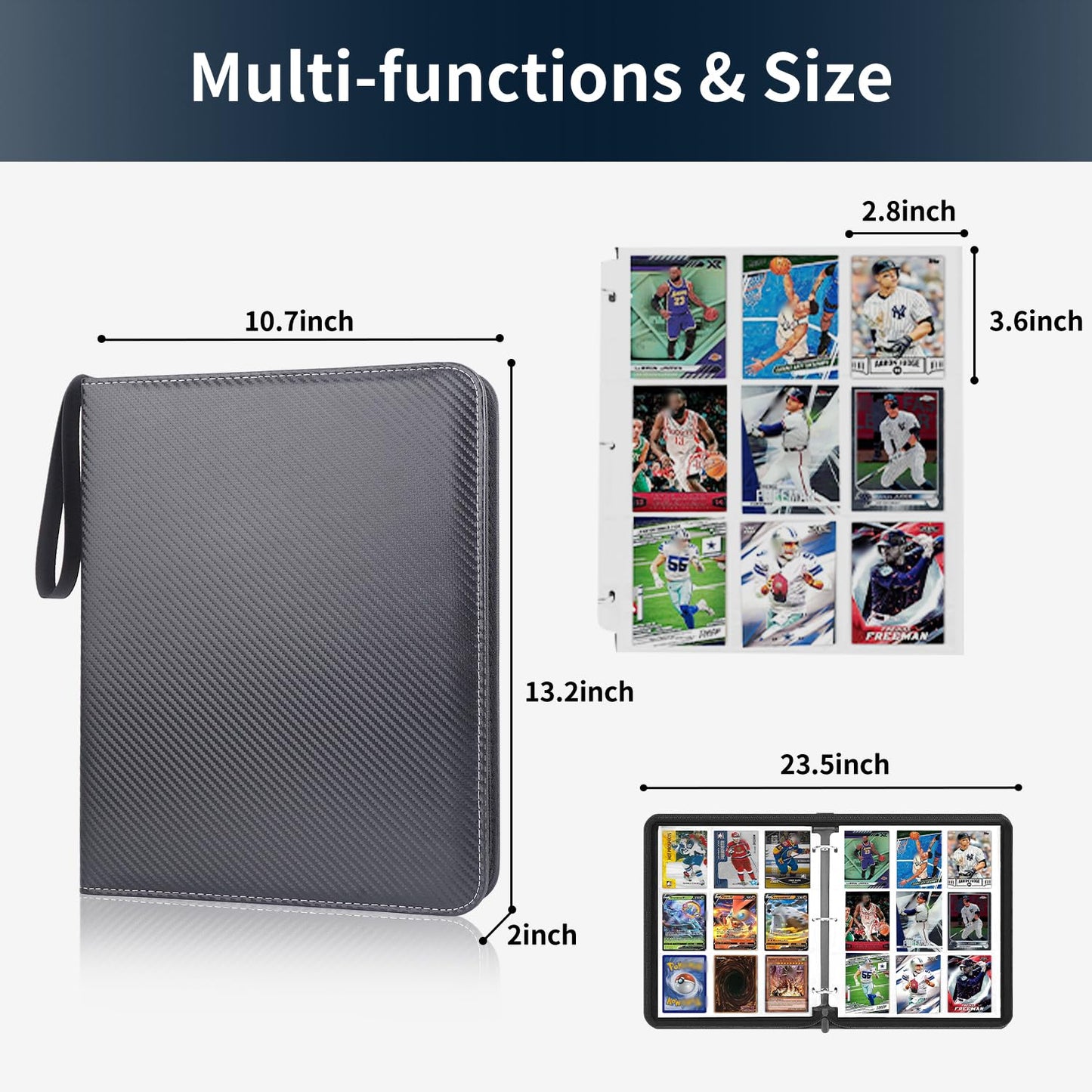 Hesplus Trading Card Binder, 900 Pockets Sleeves With Zipper, Double Sided Pocket Pu Card Collection Binder, Collector Card Albu