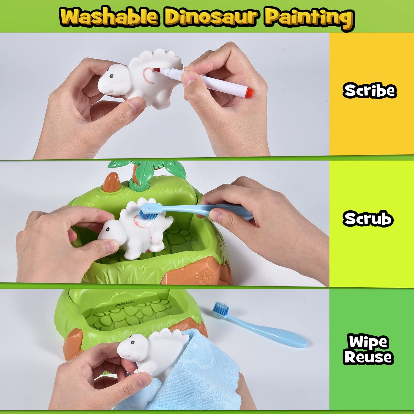 Golray Paint-Wash-Recolor Dinosaur Crafts Kit Painting Toy for Toddler, Bathtub, Washable Marker, Instruction, Dino Pet Art Acti
