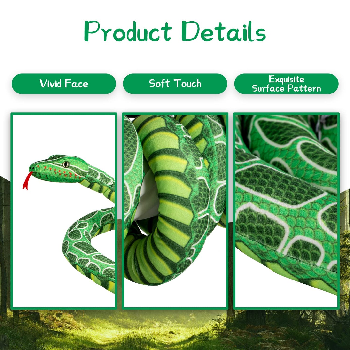 BRINJOY Giant Snake Plush Toy - 149" Lifelike Jumbo Animal - Green Cotton Stuffed Animal for Kids - Perfect Gift for Birthdays & Parties