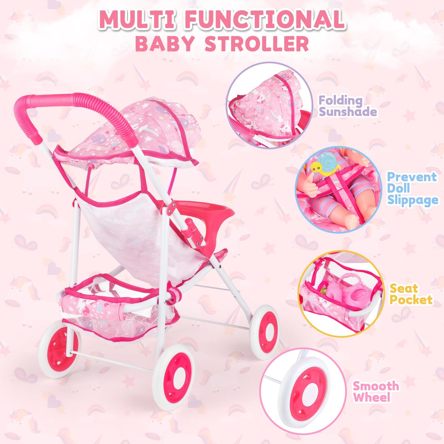 deAO Baby Doll Stroller 12 Baby Doll Set with Foldable Doll Stroller 15 PCS Baby Doll Accessories for Toddlers 3-5 Christmas Bir