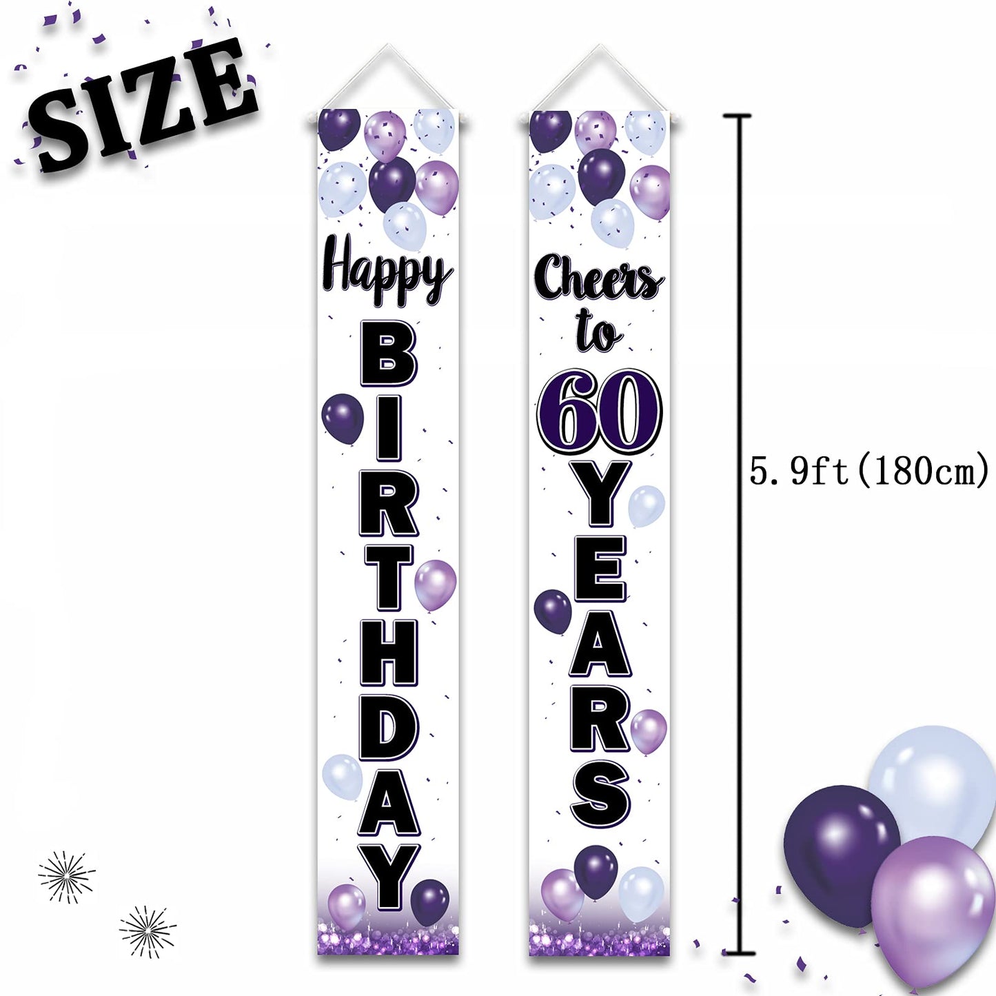 LASKYER Happy 60th Birthday Decorations,60th Purple Balloon Birthday Theme Door Hanging Banner Sign,Cheers to Sixty Years Old Bd