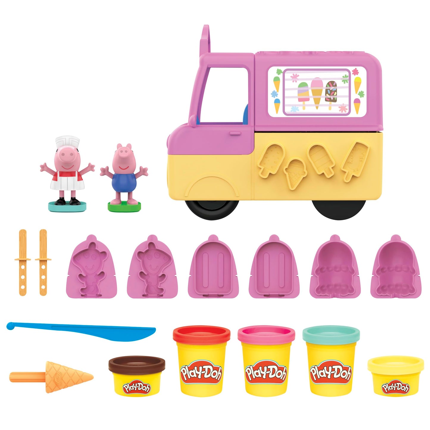 Play-Doh Peppas Ice Cream Playset with Truck, Peppa Pig and George Figures, and 5 Non-Toxic Modeling Compound Cans, Toy for Kid
