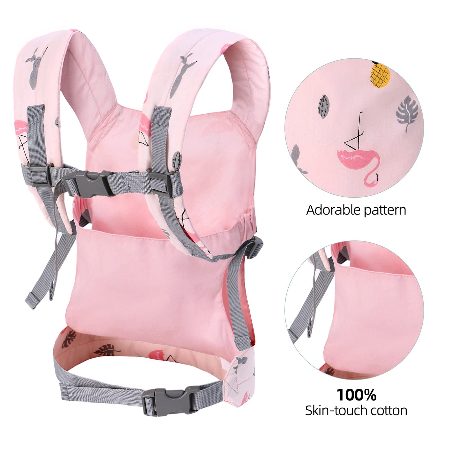 Baby Doll Carrier Front and Back Baby Doll Accessories Backpack Kid Toddlers Play Toy Baby Carriers for Babydoll Pretend with Adjustable Straps for Little Girls (Flamingo)