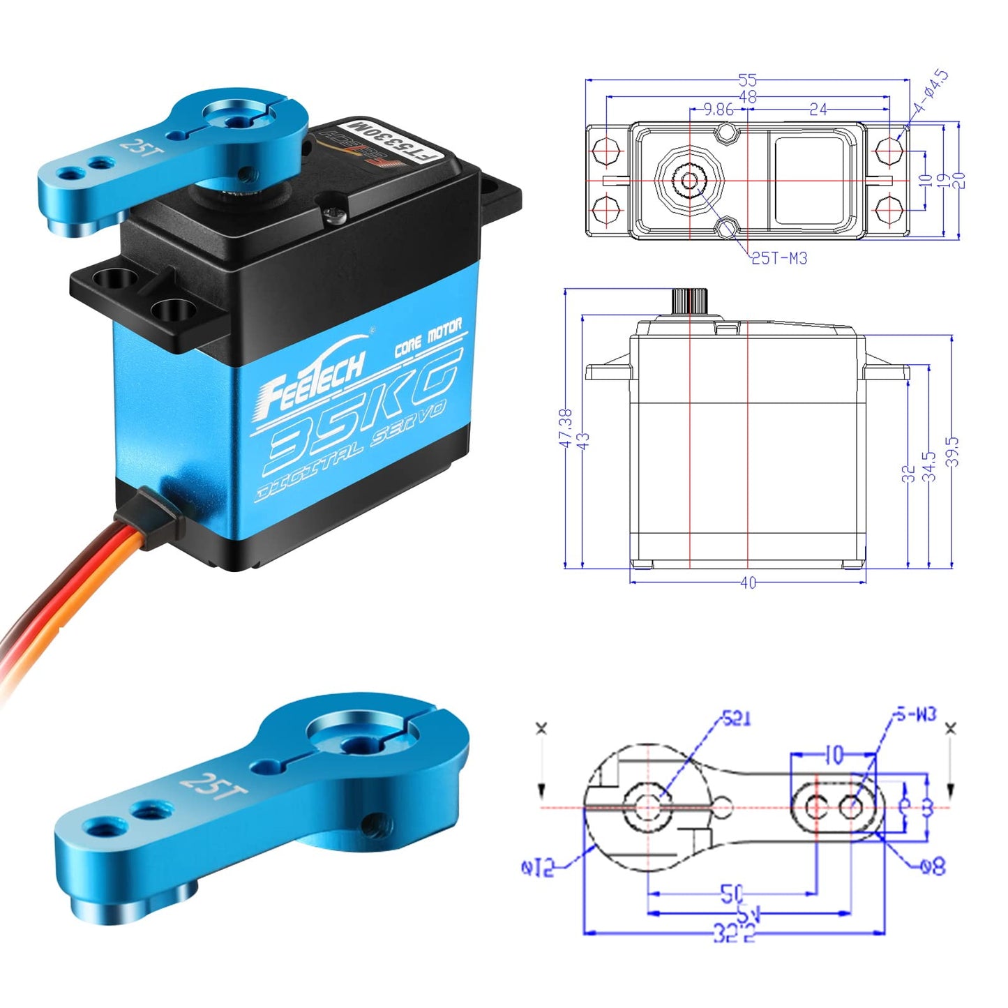 FEETECH 35KG Servo Motor 7.4V High Voltage Waterproof High Torque RC Servo Full Metal Gear Digital Servo, Aluminium Case, Contro