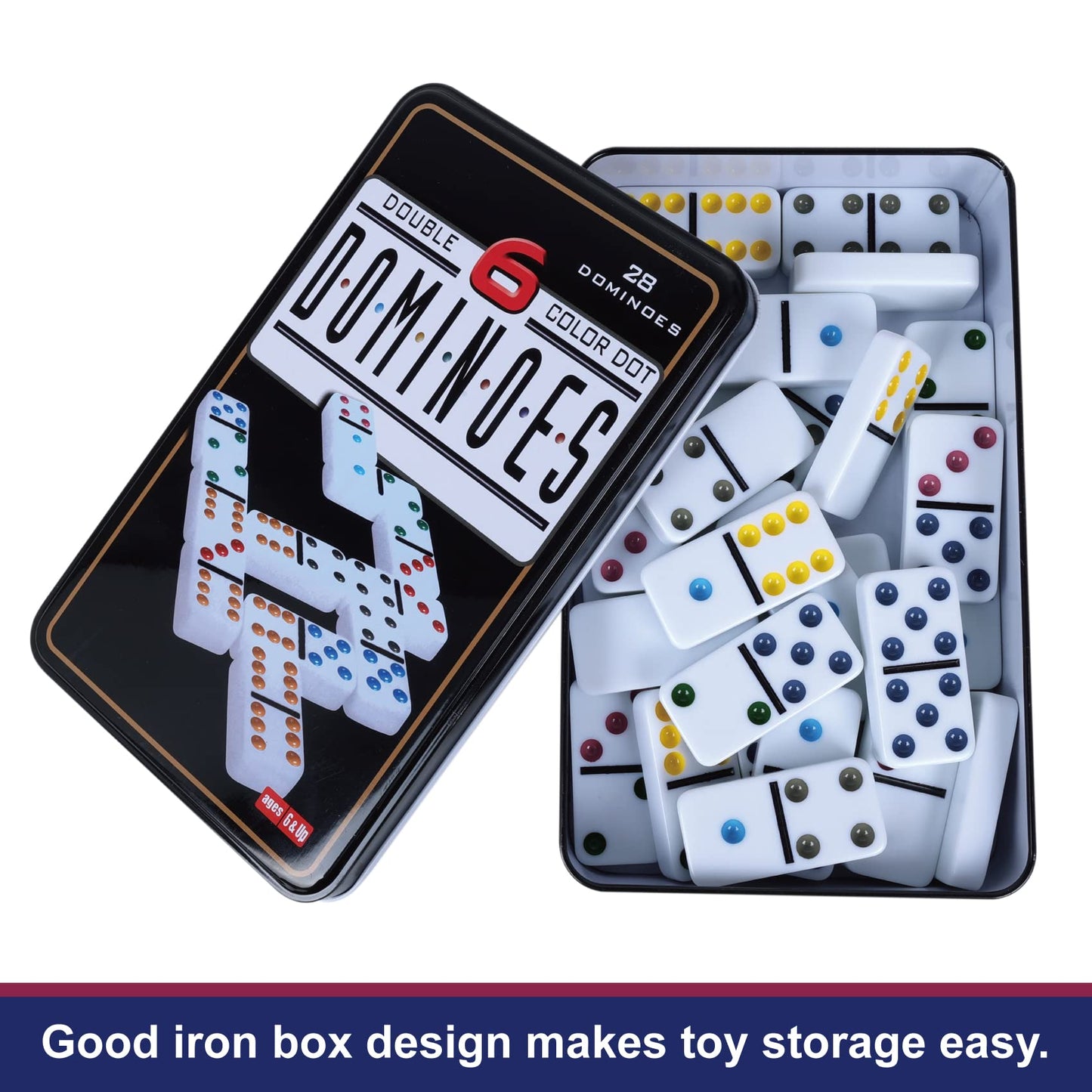Gothink Dominoes Set For Adults With 4 Wooden Trays/Racks, Double 6 Dominoes Set Travel Set With 4 Tiles Holders, 28 Tile Colored Dot Dominos In Tin Box Classic Family Board Games For 2-4 Players