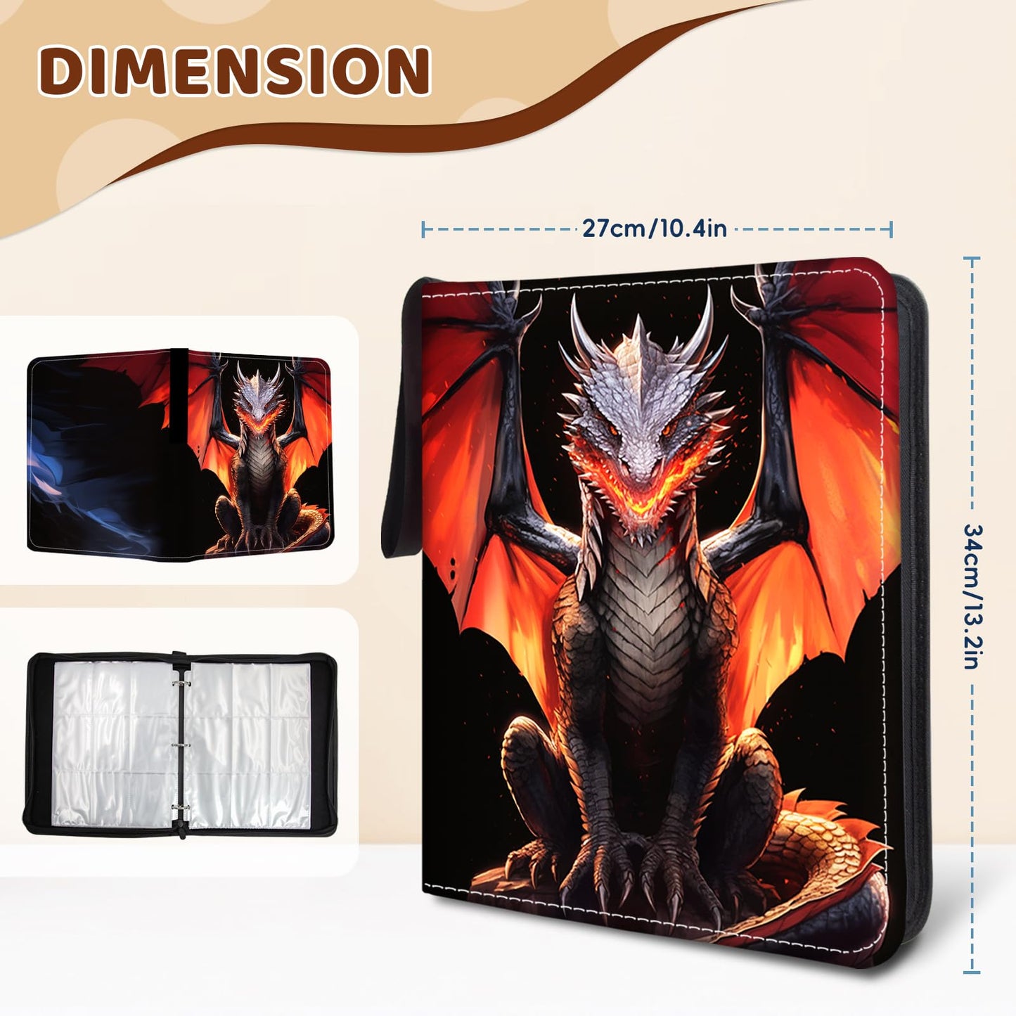Wazzio 900 Pocket Dragon Card Binder  Trading Card Storage Album with 50 Durable 9-Pocket Pages  Dragon Design on Pocket Card Packs  Gifts for Zipper Closure Collector's Album