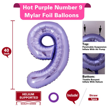 40 Inch Giant Purple Number 9 Balloon, Helium Mylar Foil Number Balloons For Birthday Party, 9Th Birthday Decorations For Kids,