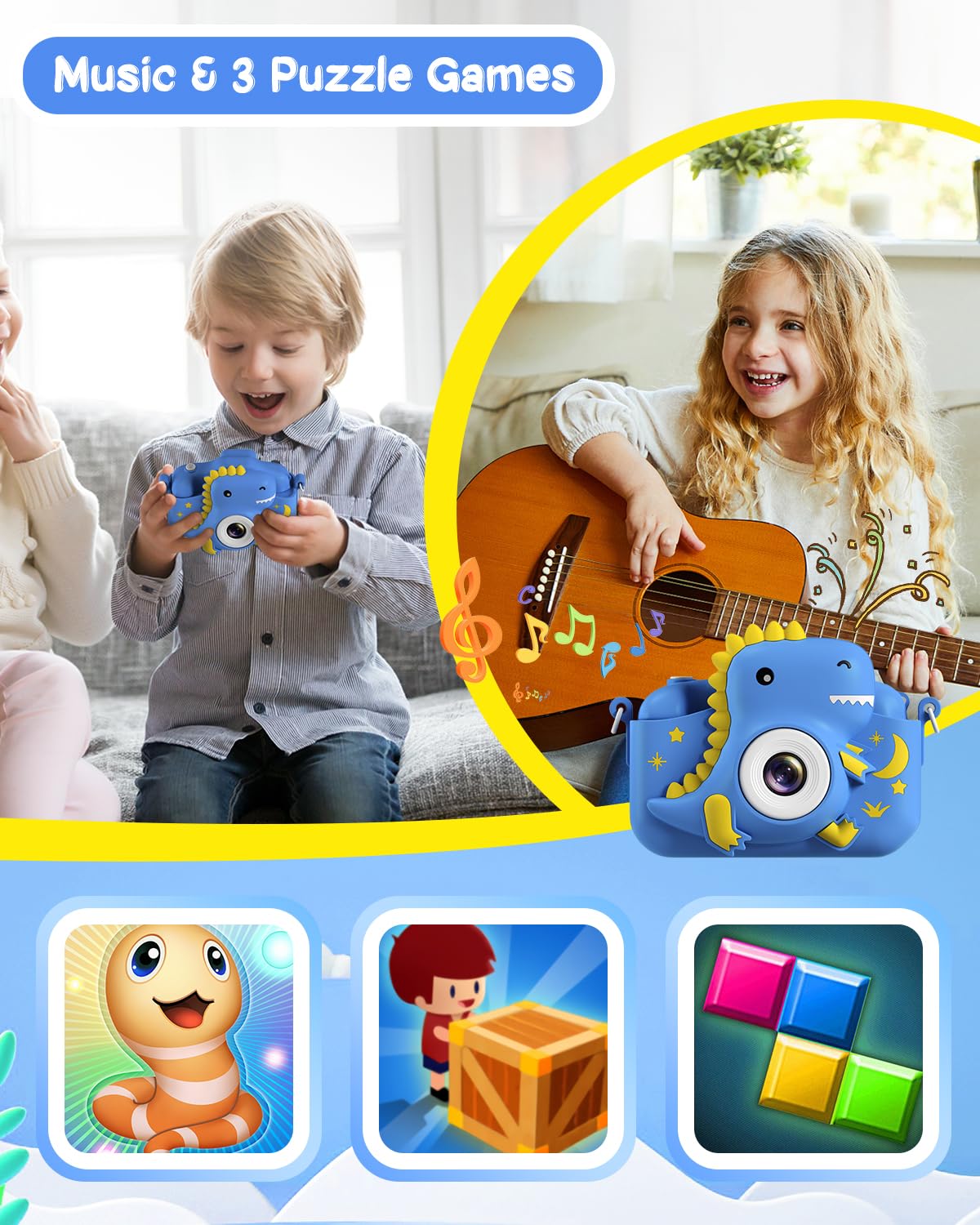 Greenkinder Kids Camera, Dinosaur Toddler Digital Camera For Boys Girls, Christmas Birthday Gifts, Selfie 1080P Camera For 3 4 5 6 7 8 9 Years Old Toys Dark Blue