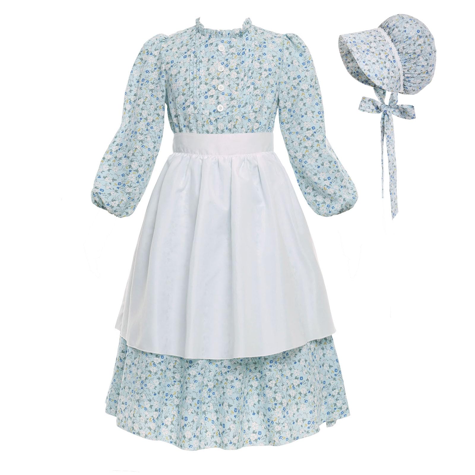 Vibsion Girls Pioneer Prairie Costume Pilgrim Dress Kids Ruffle Neck Floral Colonial Girl Costumes Bonnet Apron 3Pcs XXL