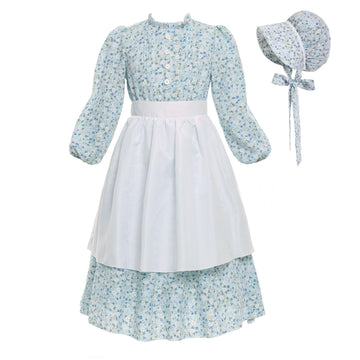 Vibsion Girls Pioneer Prairie Costume Pilgrim Dress Kids Ruffle Neck Floral Colonial Girl Costumes Bonnet Apron 3Pcs XXL
