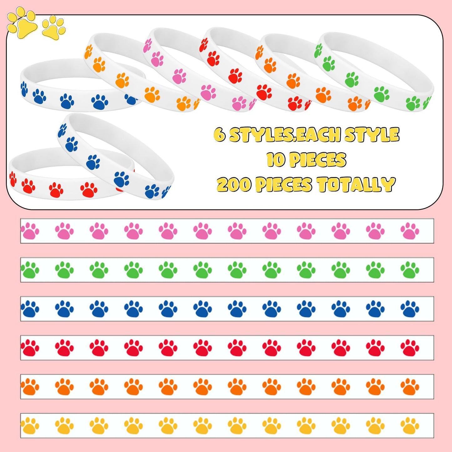 Gejoy 200 Pcs Paw Print Rubber Bracelets Multicolor Silicone Stretch Wristbands for Birthday Party Supplies(Fresh Color)