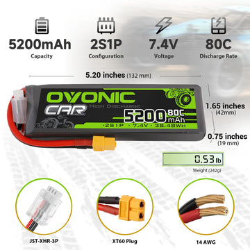 OVONIC Lipo Battery 2S 5200mAh Battery 7.4V 80C Battery with XT60 Plug Soft Case for 1/8 1/10 RC Vehicles Car Slash RC Buggy Tru