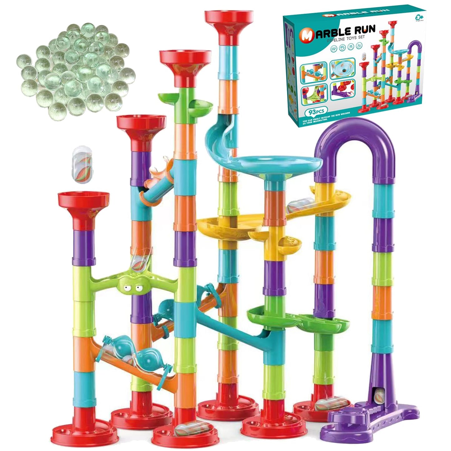 ailixinda 93 PCS Marble Run enhanced Set STEM Educational Building Block Toy Marble Track Race Set with 30 Glass Marbles for Boys & Girls Marble Maze Game Construction Building Blocks Toys for Kids