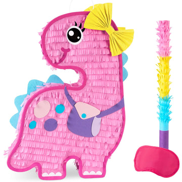 Wernnsai Dinosaur Piñata - Pink Piñata Bundle With Blindfold And Bat For Girls Kids Piñata Brontosaurus Themed Party Game Supplies For Birthday Party Decoration Carnivals Festivals Baby Shower