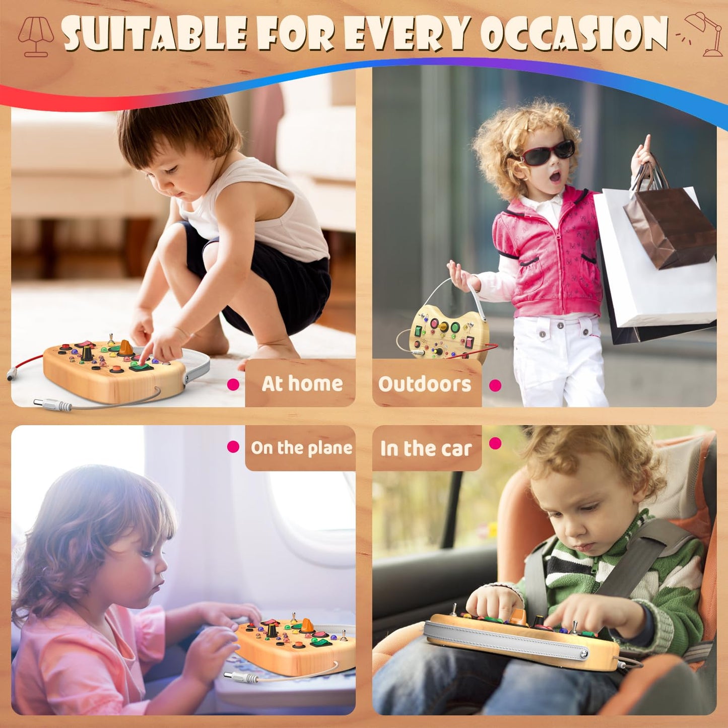 Udouto Wooden Led Light Switch Busy Board Toys, Montessori Toddler Busy Board Ages 1-3, Autism Sensory Products Travel Essential