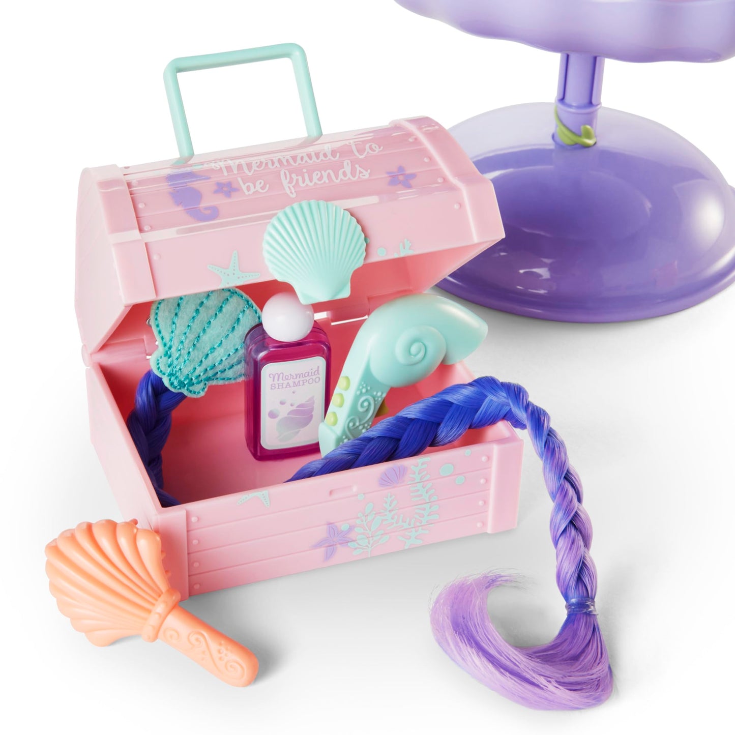 American Girl WellieWishers Doll Playset - Seashell Salon, 14.5-inch, Color-Changing Hair Extensions, Small, Purple/Pink, Model HNX32