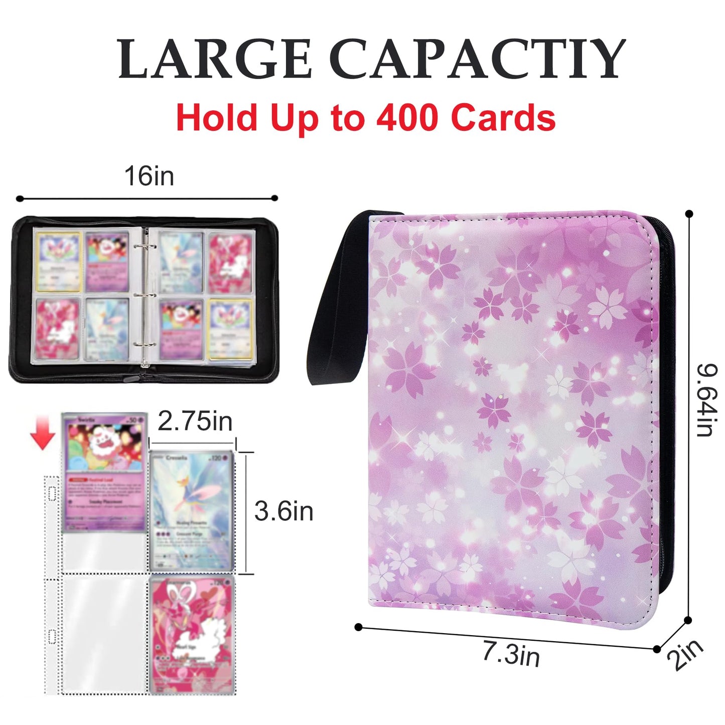 Pink Card Binder for Girls 4 Pocket with 50 Sleeves up to 400 Cards Cute Trading Card Binder Waterproof Photocard Storage Bag for Cute Cards