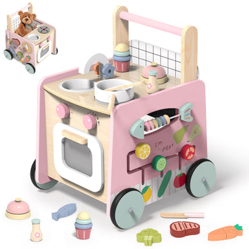 Wiqins Wooden Baby Walker 9-In-1 Activity Center With Toddlers Montessori Sensory Toys And Play Kitchen Push Walker For Kids Wit