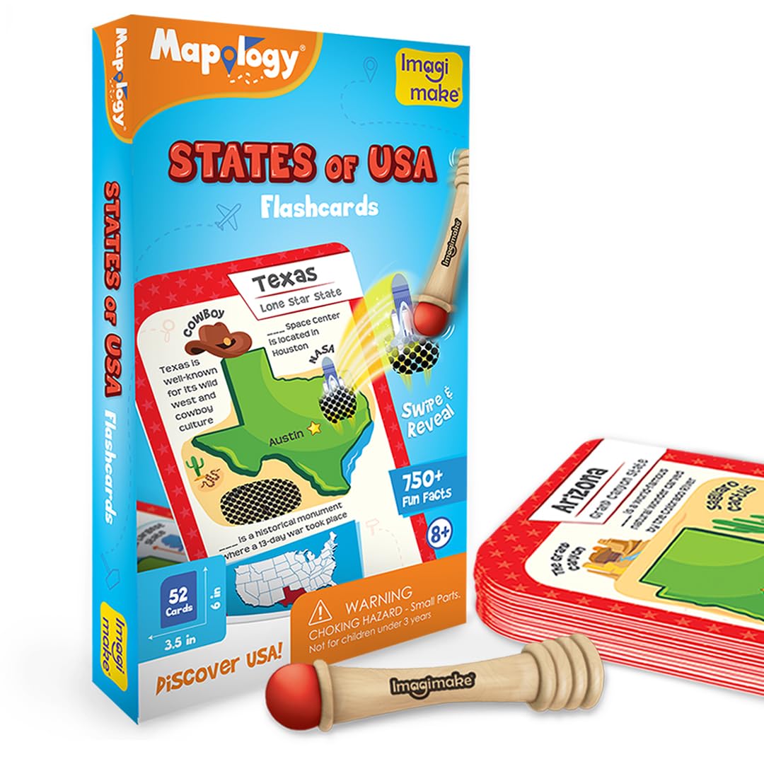 Imagimake Mapology USA Flash Cards | Learn United States Along with Flags and State Shapes | Ages 8-12 | Foam Jigsaw Puzzle  Fun Facts  Educational Toy for Kids | Gift for Christmas and Birthdays